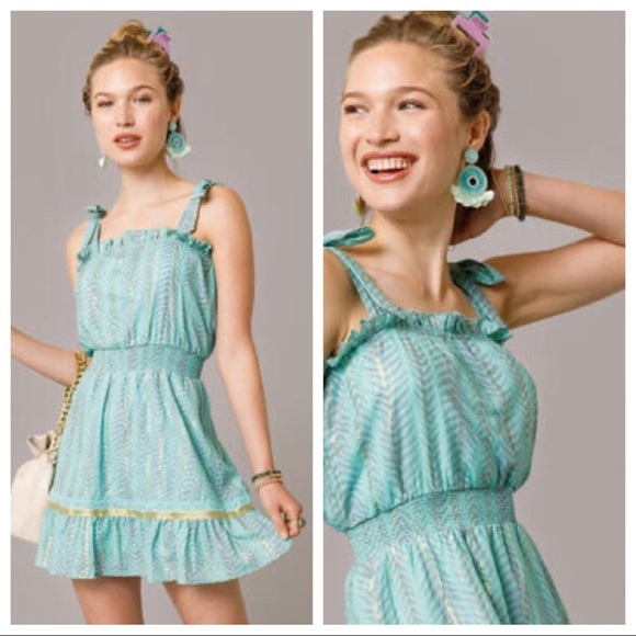 Francesca’s Layla Lurex Mini Dress mint and gold shoulder ties size small - Picture 10 of 10